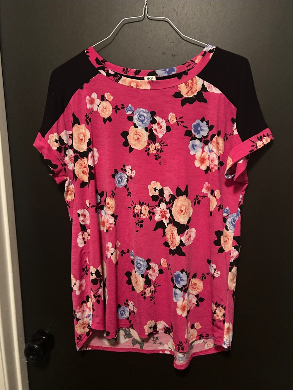 Sew In Love Pink Floral Raglan Short Sleeve Tee with Black Sleeves